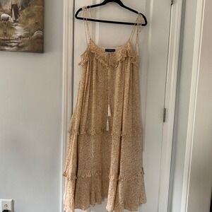 INTHEBEGINNING Los Angeles Floral Tiered Maxi Dress Mustard Yellow Small Boho